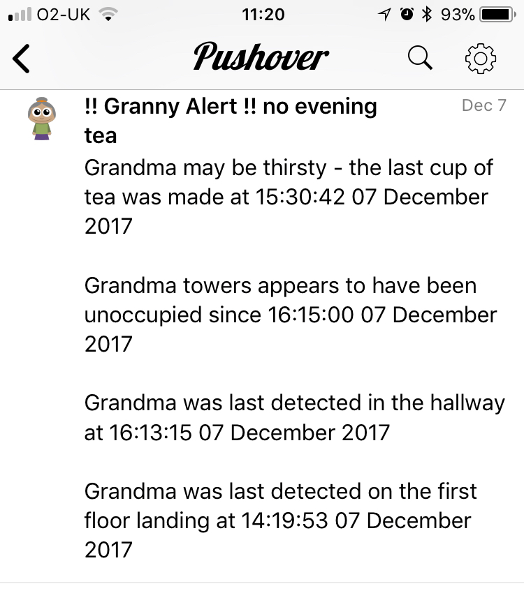 GrannyAlert - Pushover screenshot of an alert